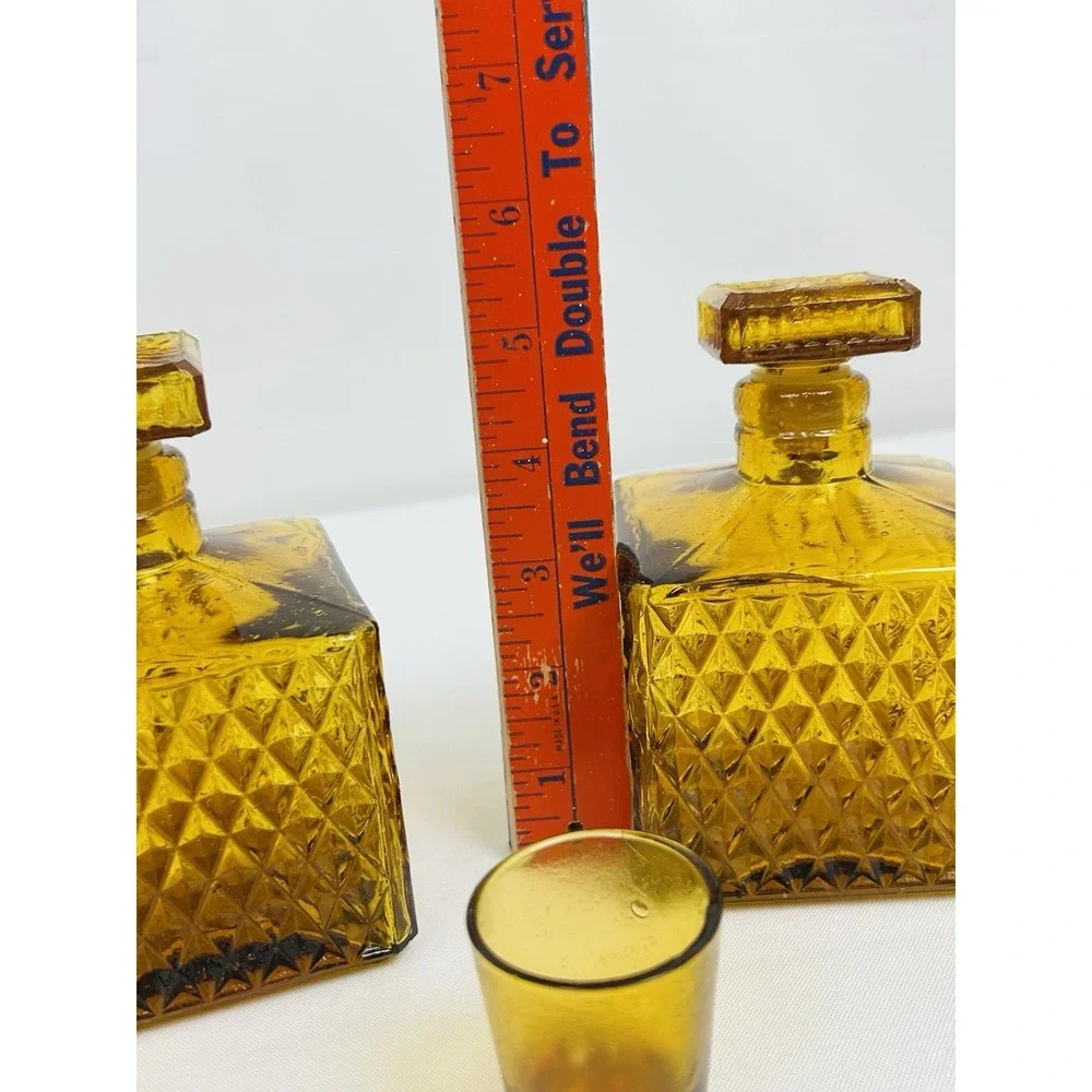 Vintage Amber Square Diamond Point Decanters Glass Stopper Shot Glass MCM Set